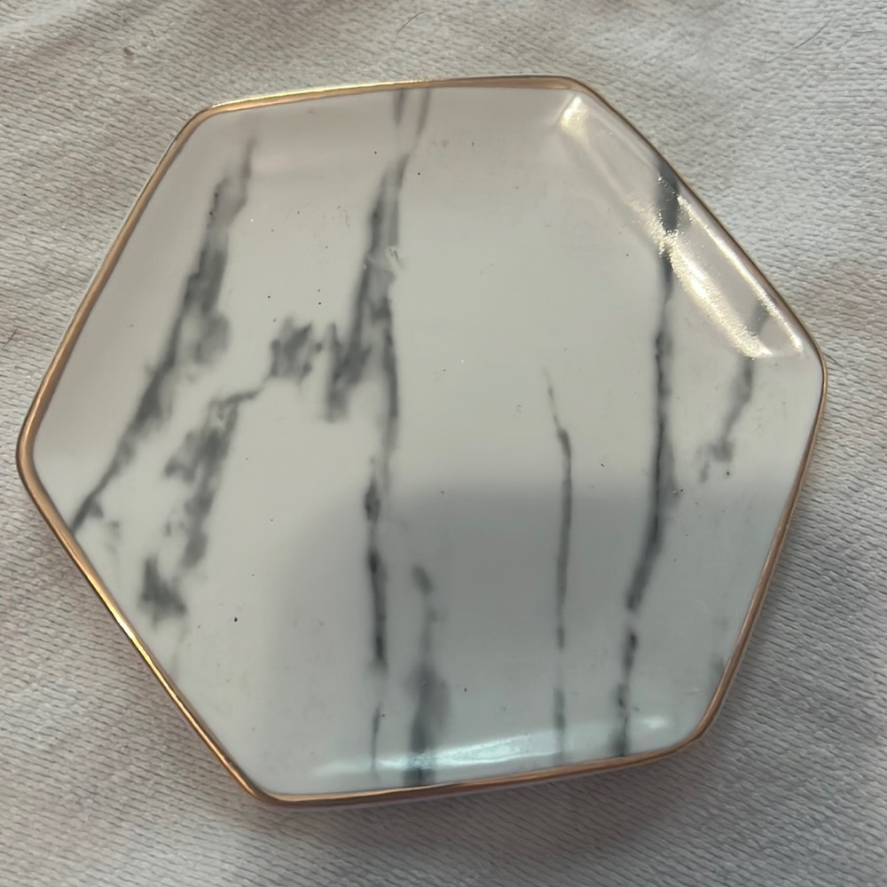 Jewel Tray white and gray marble look with gold outline